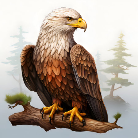Bald Eagle on a tree branch. 3d render illustration.の素材