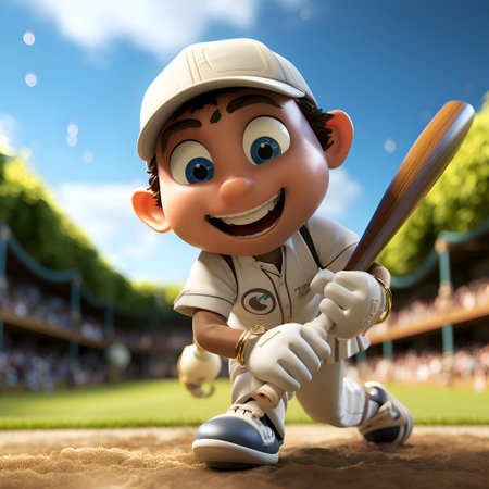 3D illustration of a cute cartoon baseball player on a baseball fieldの素材
