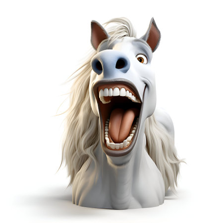 Cartoon horse with open mouth isolated on white background - 3D illustrationの素材