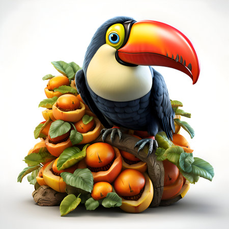Tropical toucan with fruits on a white background. 3d illustrationの素材
