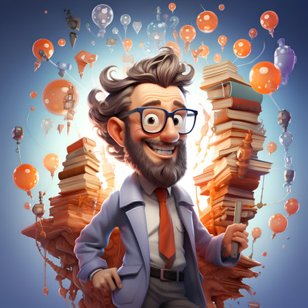 Funny cartoon man in eyeglasses standing near pile of books on blue backgroundの素材