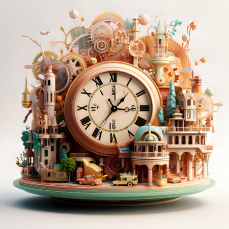 3d illustration of a clock and toys in the form of housesの素材