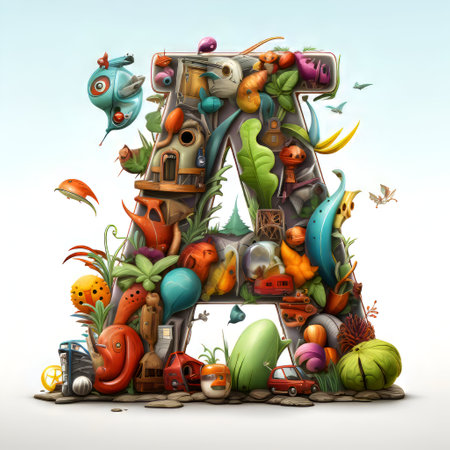 letter A made of different fruits and vegetables. 3d render illustrationの素材