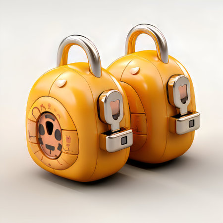 3d rendering of two yellow padlocks isolated on a white backgroundの素材