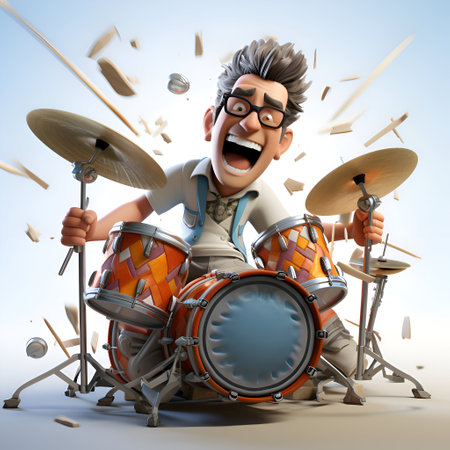 Cartoon man playing drums on a white background. 3D illustration.の素材