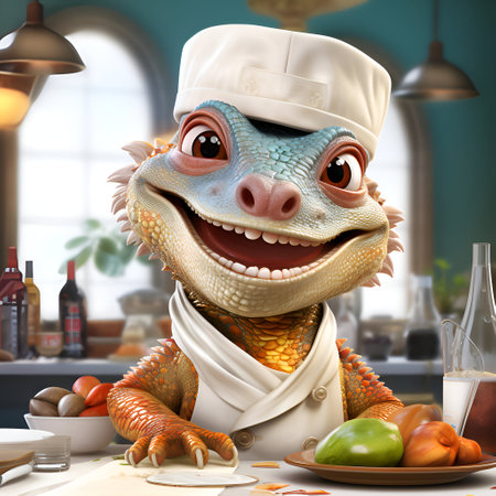 3D rendering of a crocodile chef in a restaurant kitchen.の素材