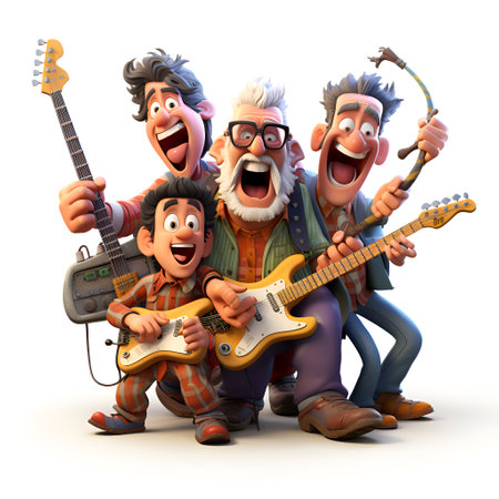 3D illustration of a group of rock musicians playing guitar and singingの素材