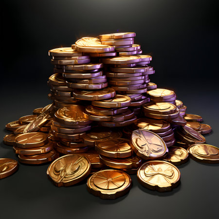Pile of golden coins on black background. 3D illustration.の素材