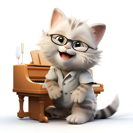 Funny cat with glasses plays the piano. White background. Isolated.の素材