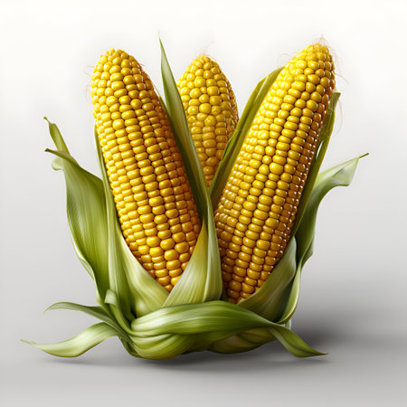 Two ears of corn on a white background. 3d rendering.の素材