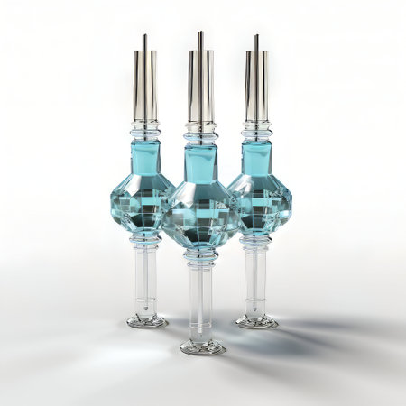 3D render of a medical ampoule with blue liquid insideの素材