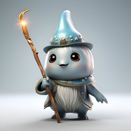 Cute cartoon knight with magic wand on gray background. 3d illustrationの素材