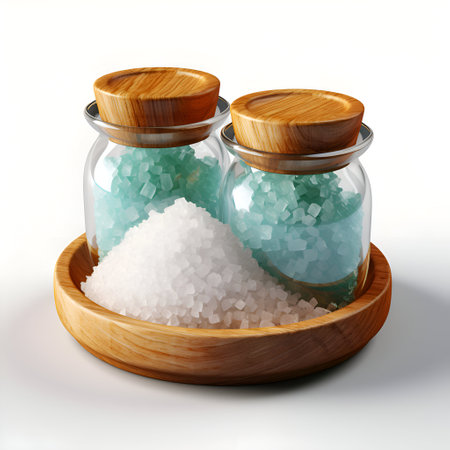 Sea salt in a glass jar on a white background. 3d illustrationの素材