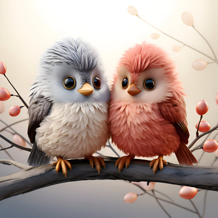 Two cute owls sitting on a branch with pink flowers and branchesの素材