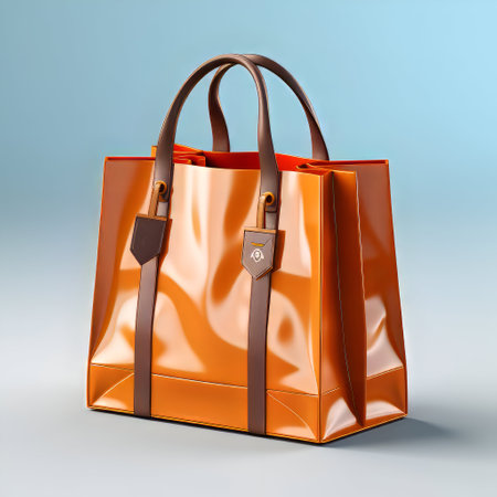 Orange leather shopping bags on blue background. 3d rendering illustration.の素材