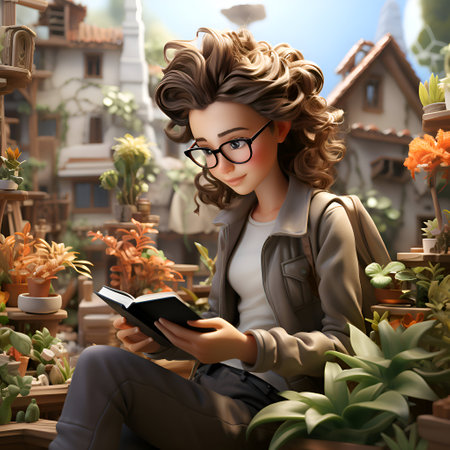 Beautiful young woman in glasses reading a book in the garden.の素材
