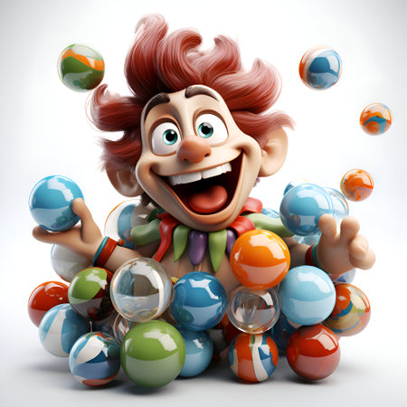 3d illustration of a clown with a lot of balls around his headの素材