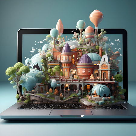 Fantasy city in the laptop screen. 3d render illustration.の素材