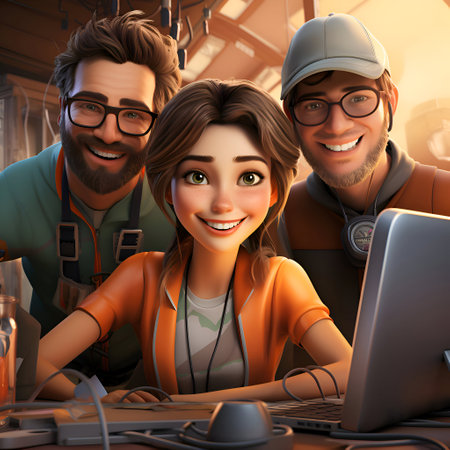 Portrait of a group of smiling young people working on a laptop.の素材