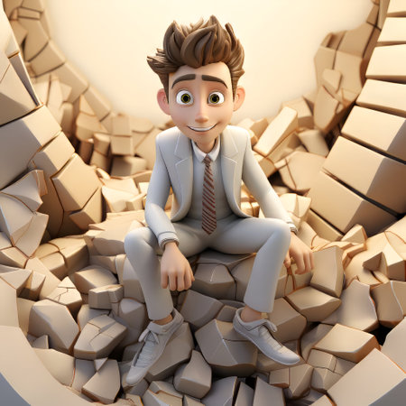 3D illustration of a business man sitting in a pile of bricksの素材
