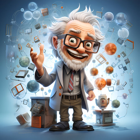 3D illustration of an old scientist with many scientific elements around himの素材