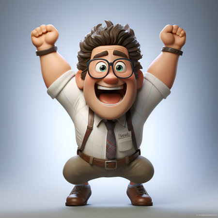 3D Illustration of a cartoon man with glasses and suspendersの素材