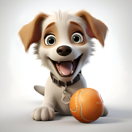 Cute dog with an orange soccer ball - 3D rendered illustrationの素材