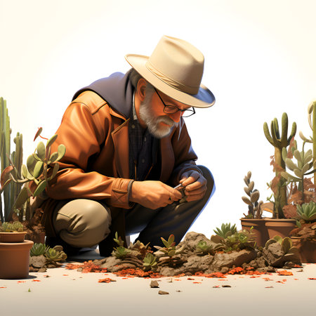 Elderly man planting cactus in the garden. 3D illustration.の素材