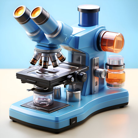 microscope on a light blue background. 3d render image.の素材