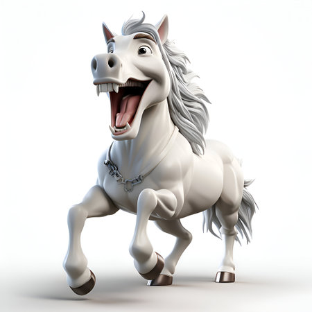 Cartoon horse with big mane on white background. 3D illustrationの素材