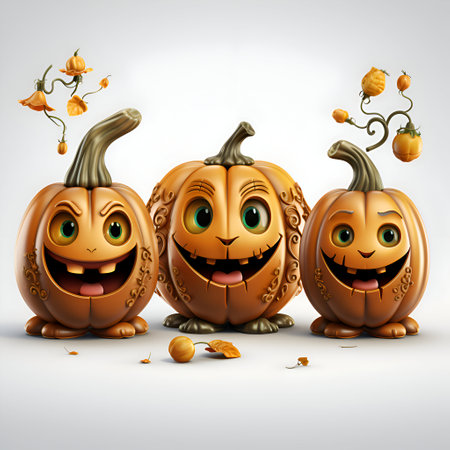 Halloween pumpkins with funny faces. 3d illustration. horizontalの素材