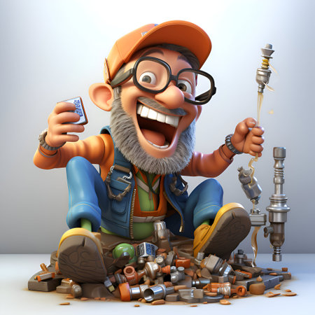 3D Illustration of a cartoon mechanic sitting on a pile of nutsの素材
