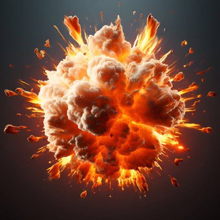 Explosion with fire and smoke on dark background. 3d illustrationの素材