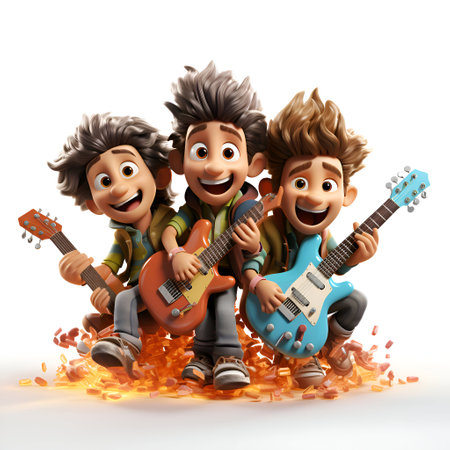3D Illustration of a group of kids playing guitar and singingの素材
