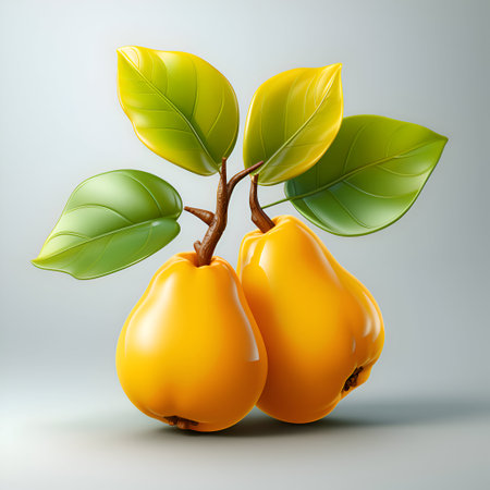 Yellow quince with leaves isolated on white background. 3d illustrationの素材