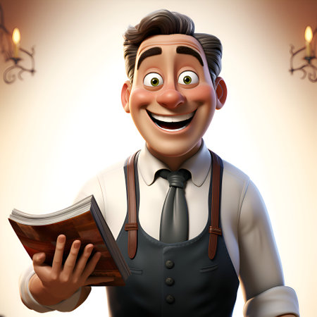 3D illustration of a cartoon barista holding a book and smilingの素材