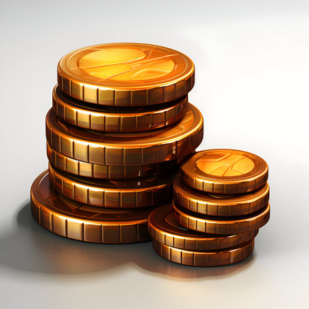 Stacks of gold coins on a white background. 3d illustrationの素材