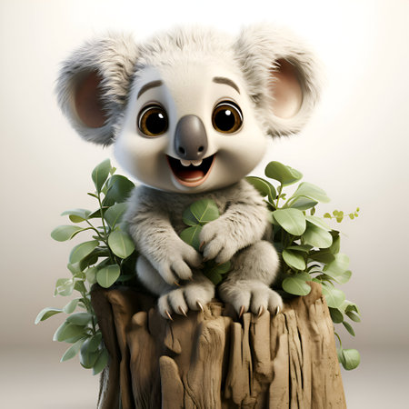 Cute koala sitting on a stump with eucalyptus leavesの素材