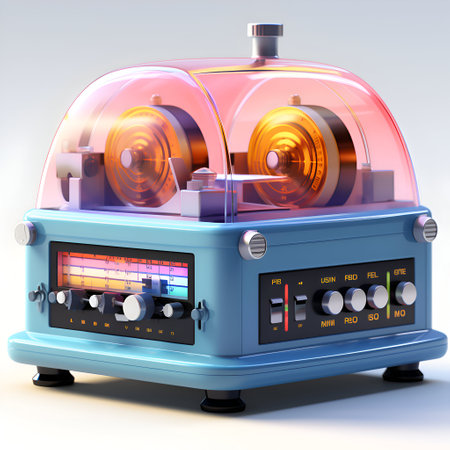 3D rendering of a blue and pink radio on a white backgroundの素材