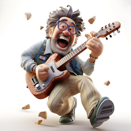 3D illustration of a cartoon rock musician playing the electric guitar.の素材
