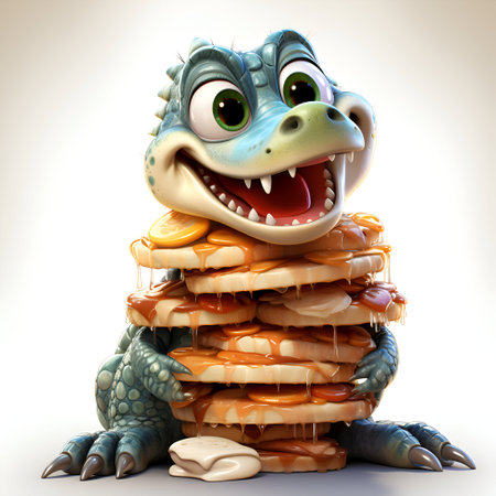 3D Illustration of a Cute crocodile with a stack of breadの素材