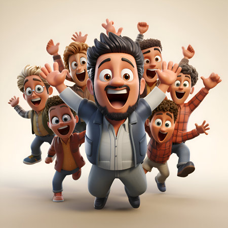 Cartoon father with his sons on a white background. 3D illustrationの素材