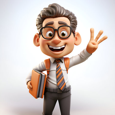 3D illustration of a happy school boy waving his hand with a bookの素材