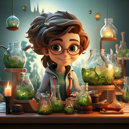 3d illustration of a little scientist in a laboratory with green plantsの素材
