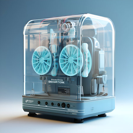 3D rendering of a computer cooler in a transparent case on a blue backgroundの素材