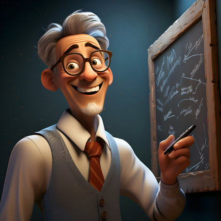 3D illustration of a cartoon character with glasses and a blackboardの素材