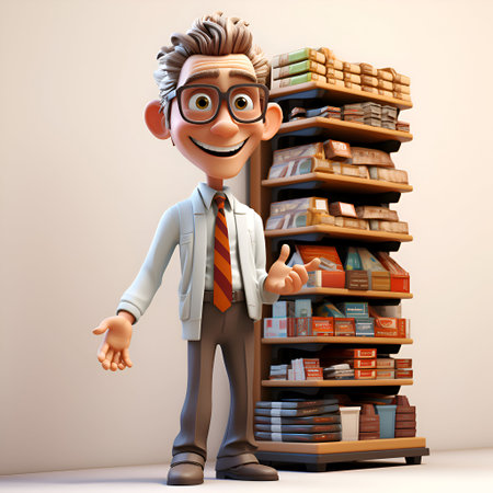 3D illustration of a man standing next to a shelf full of booksの素材
