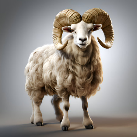 Sheep with big horns standing on gray background. 3d illustrationの素材