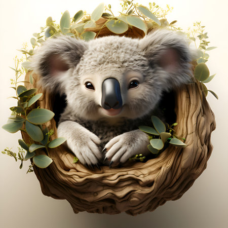 Cute koala in a nest made of eucalyptus leavesの素材