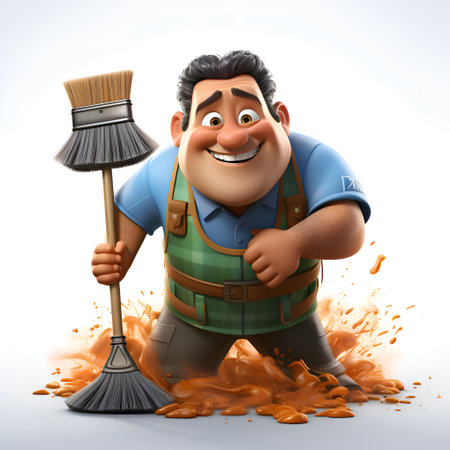 Cartoon man cleaning the floor with a broom and a dustpanの素材